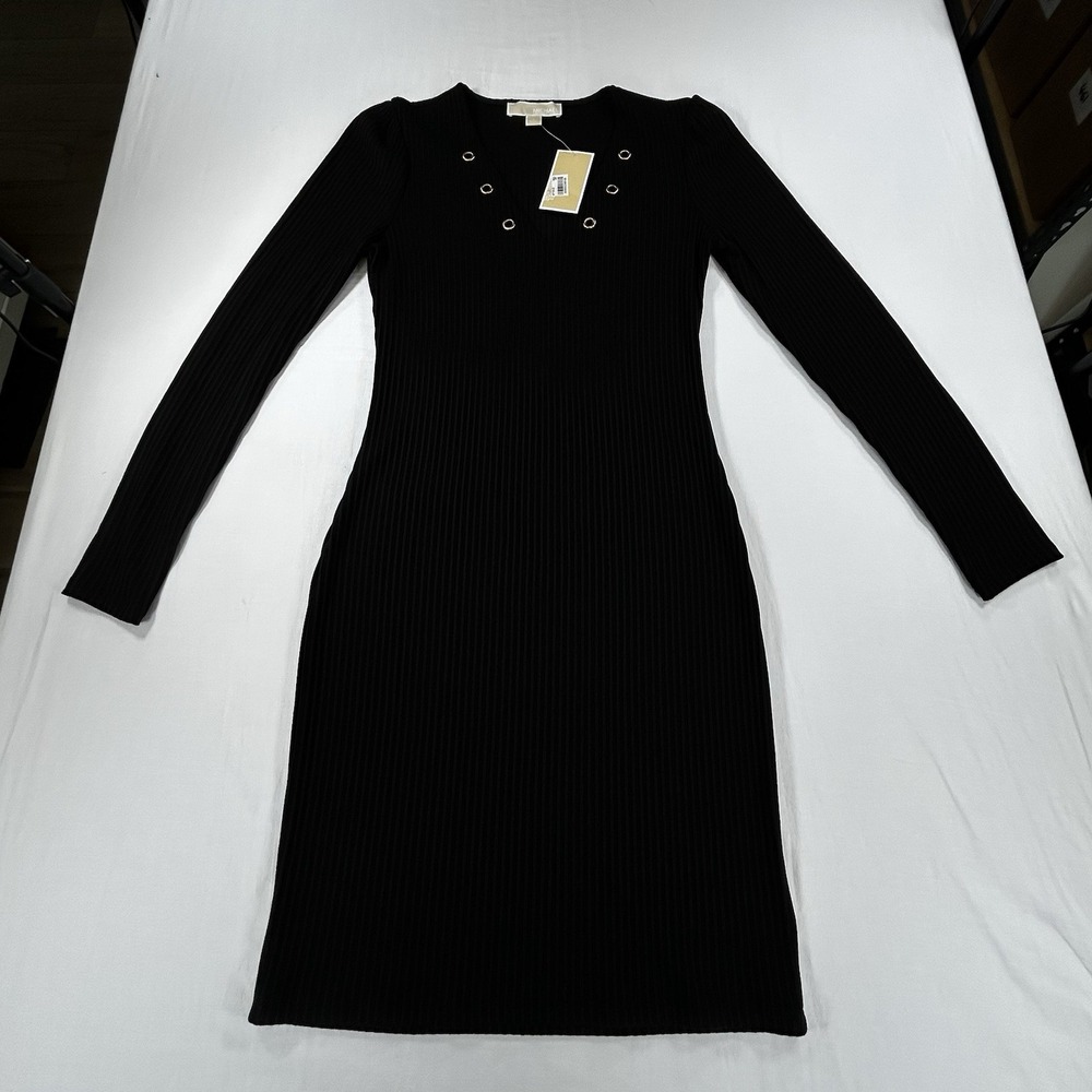 NEW Michael Kors S Stretch Black Lace Up Tie Ribbed Grommets Sweater Dress HOT